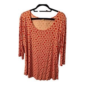 Zen Knit Orange Cream Geometric Print Scoop Neck Top 3/4 Sleeve Women’s Size XL